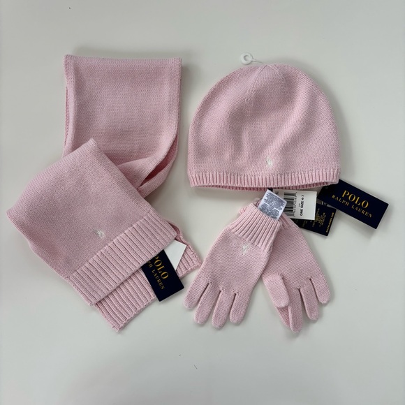 POLO Ralph Lauren Girls Pink Hat Scarf Gloves Winter Set 100% COTTON Sz 4-7 NWT